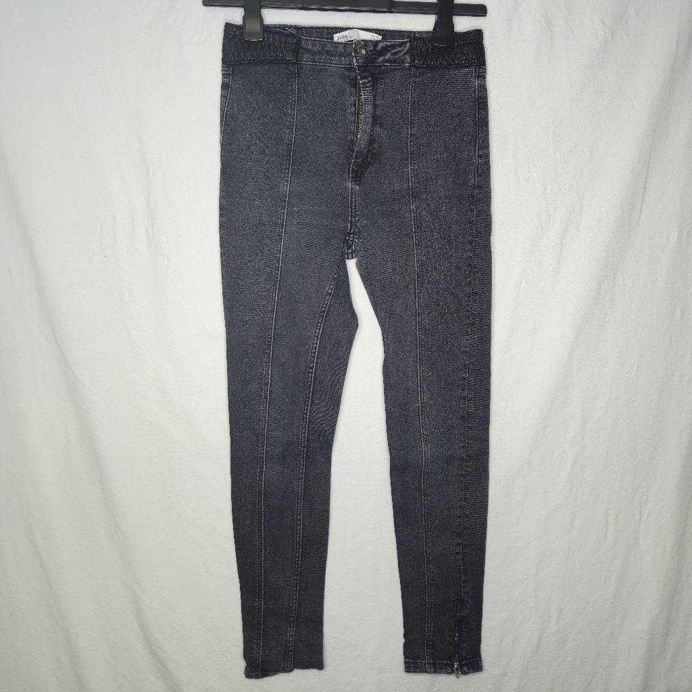 Zara Ladies Z1975 Faded Black Skinny Stretch Jeans With Leg Zip Size 6
